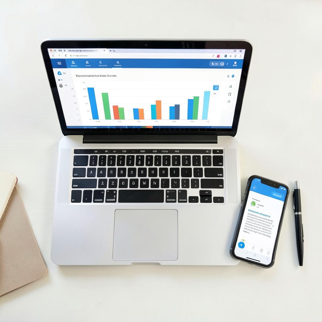 Laptop showing campaign analytics next to a phone with an SMS