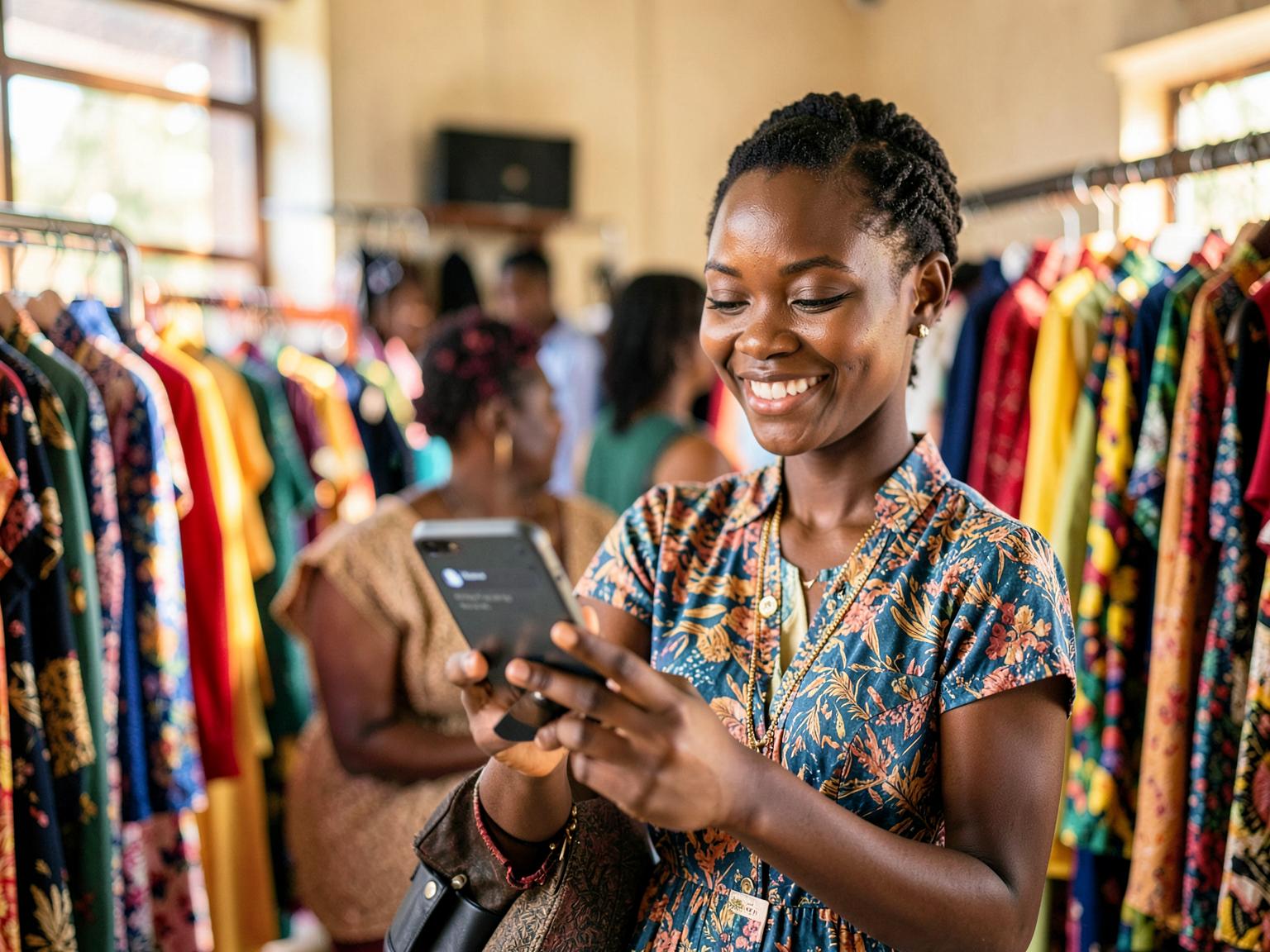 Boutique owner reading a campaign text message in her shop